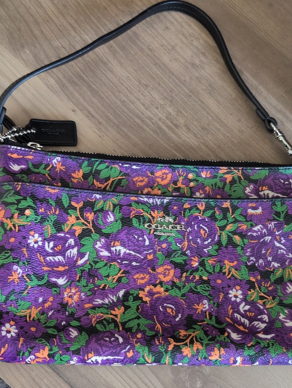 COACH Purple Floral Leather Wristlet Clutch with Green & Orange No Call  Outs